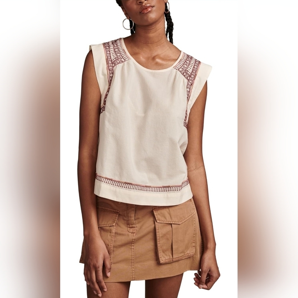 NWOT! Lucky Brand Cream and Red Embroidered Blouse, Size Medium